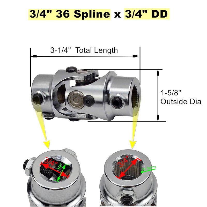 RABROPAR Store 3/4" 36 Spline X 3/4" DD Steering Shaft U Joint Single Chrome Universal Joint Coupling, 3-1/4" Overall Length - Image 3